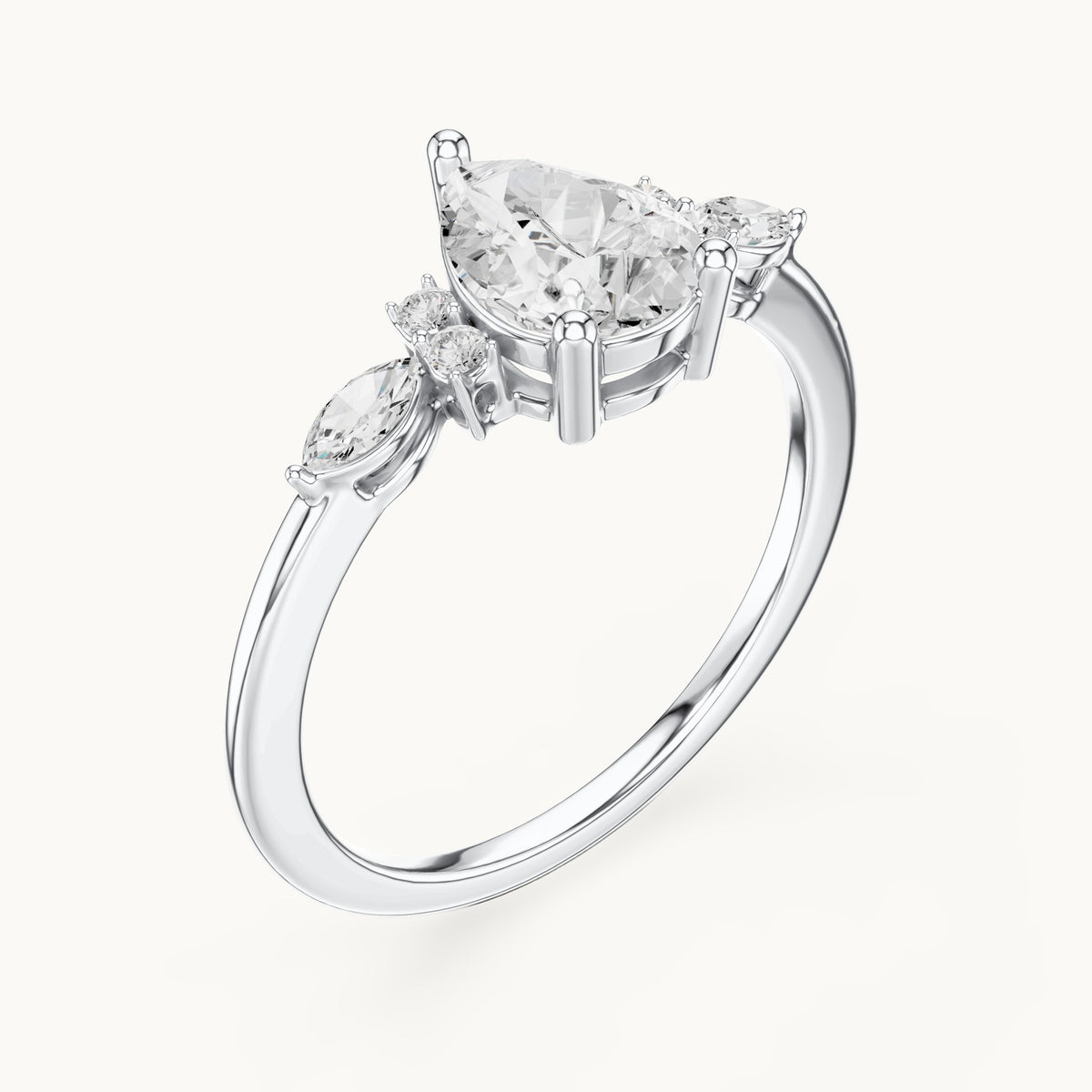 Pear, marquise and round lab-grown diamond engagement ring with side clusters in white gold, 1.19 CT TW, view 2