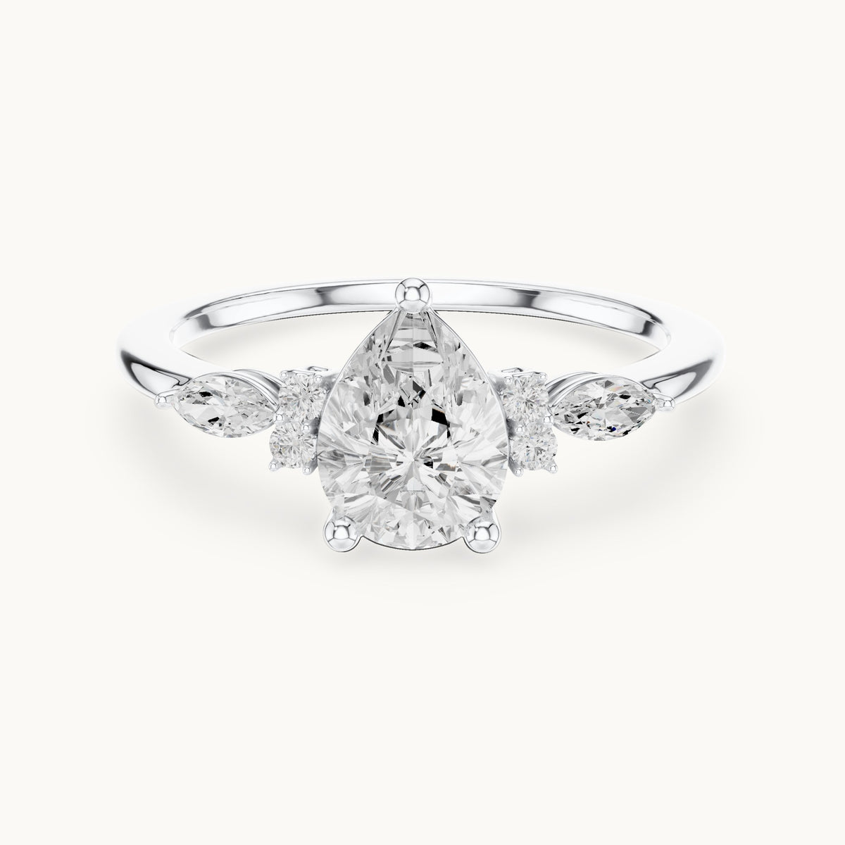 Pear, marquise and round lab-grown diamond engagement ring with side clusters in white gold, 1.19 CT TW, view 4