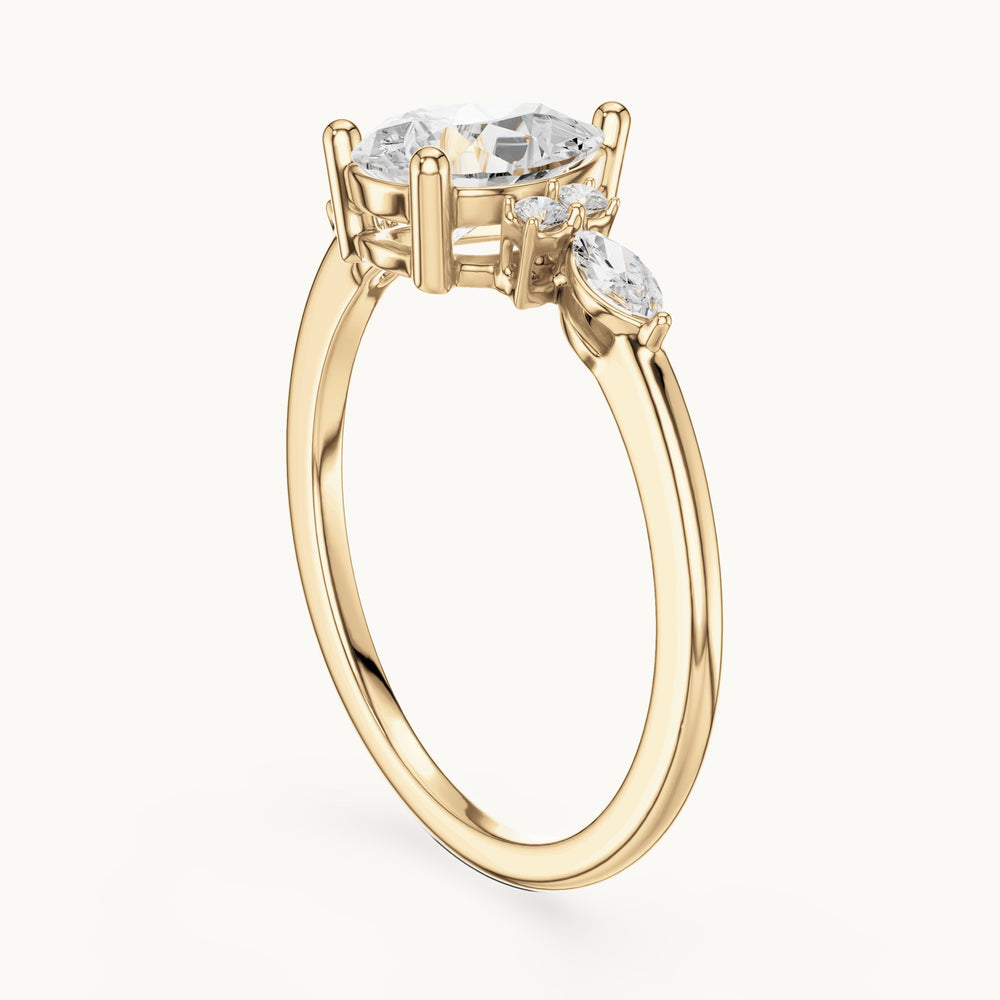 Pear, marquise and round lab-grown diamond engagement ring with side clusters in yellow gold, 1.19 CT TW, view 1