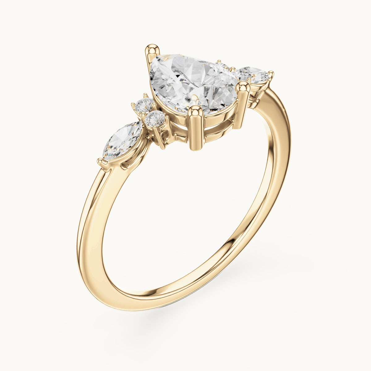 Pear, marquise and round lab-grown diamond engagement ring with side clusters in yellow gold, 1.19 CT TW, view 2