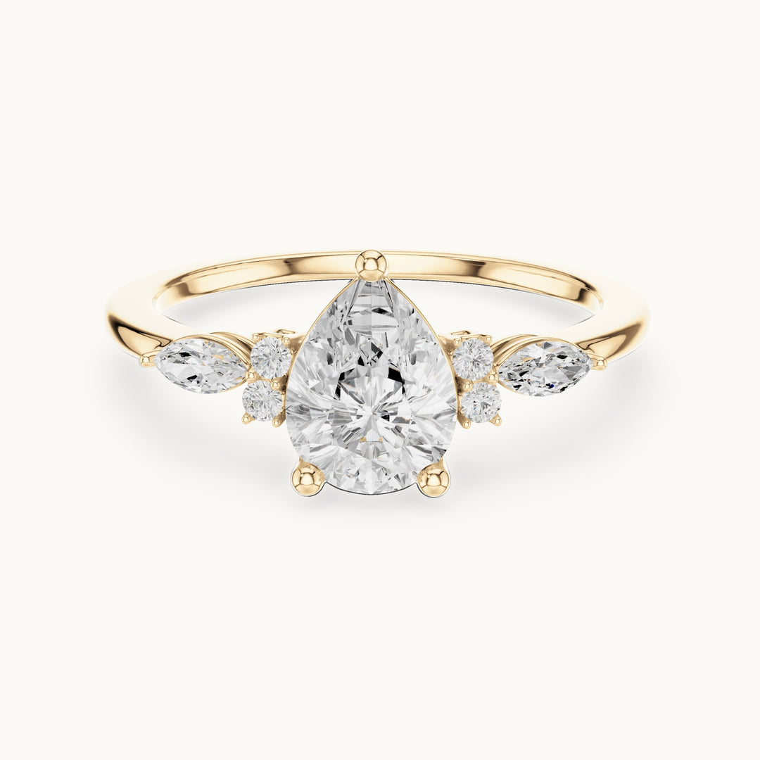 Pear, marquise and round lab-grown diamond engagement ring with side clusters in yellow gold, 1.19 CT TW, view 4