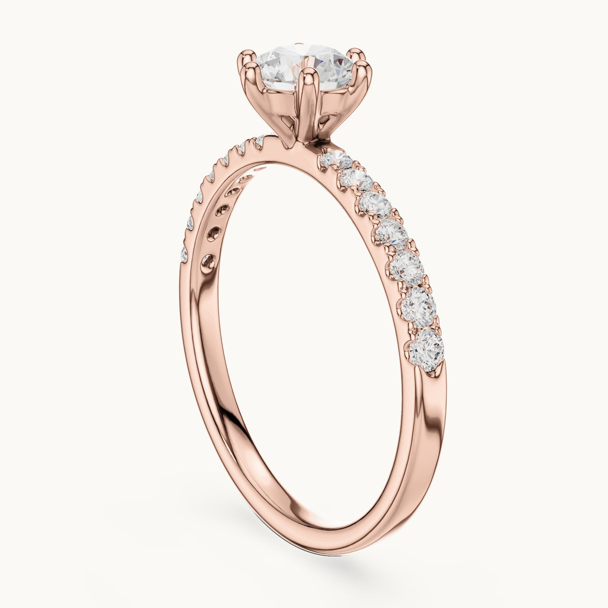 Round lab-grown diamond pavé solitaire engagement ring in rose gold, 0.896 CT TW, view 1