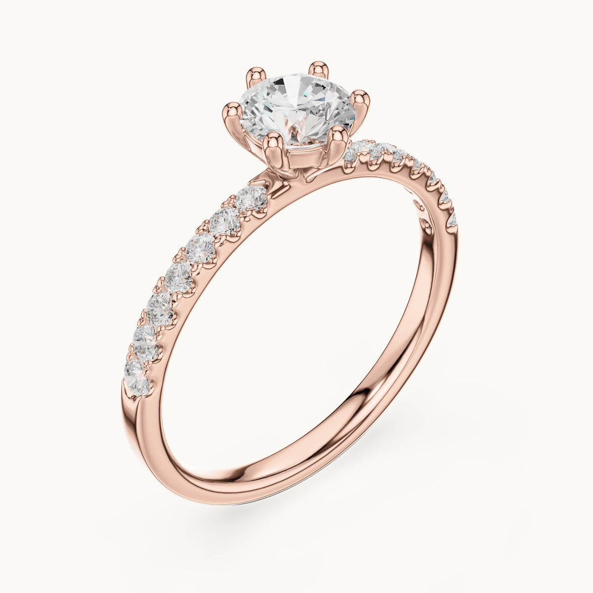 Round lab-grown diamond pavé solitaire engagement ring in rose gold, 0.896 CT TW, view 2
