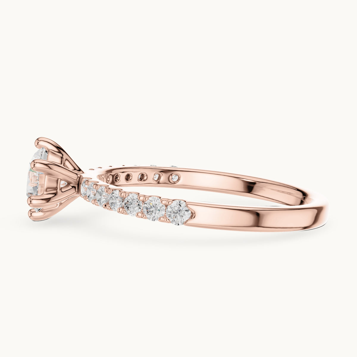 Round lab-grown diamond pavé solitaire engagement ring in rose gold, 0.896 CT TW, view 3