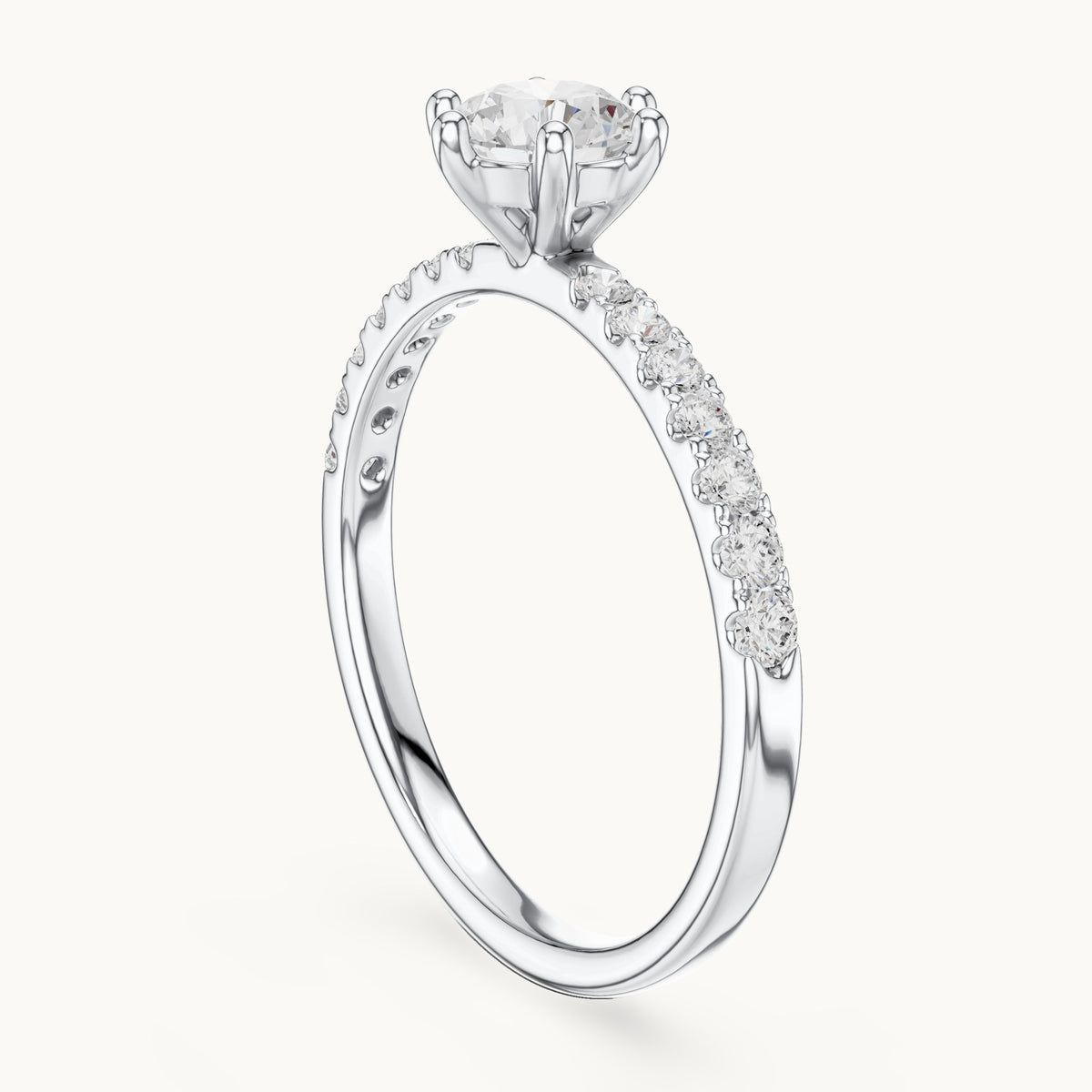 Round lab-grown diamond pavé solitaire engagement ring in white gold, 0.896 CT TW, view 1