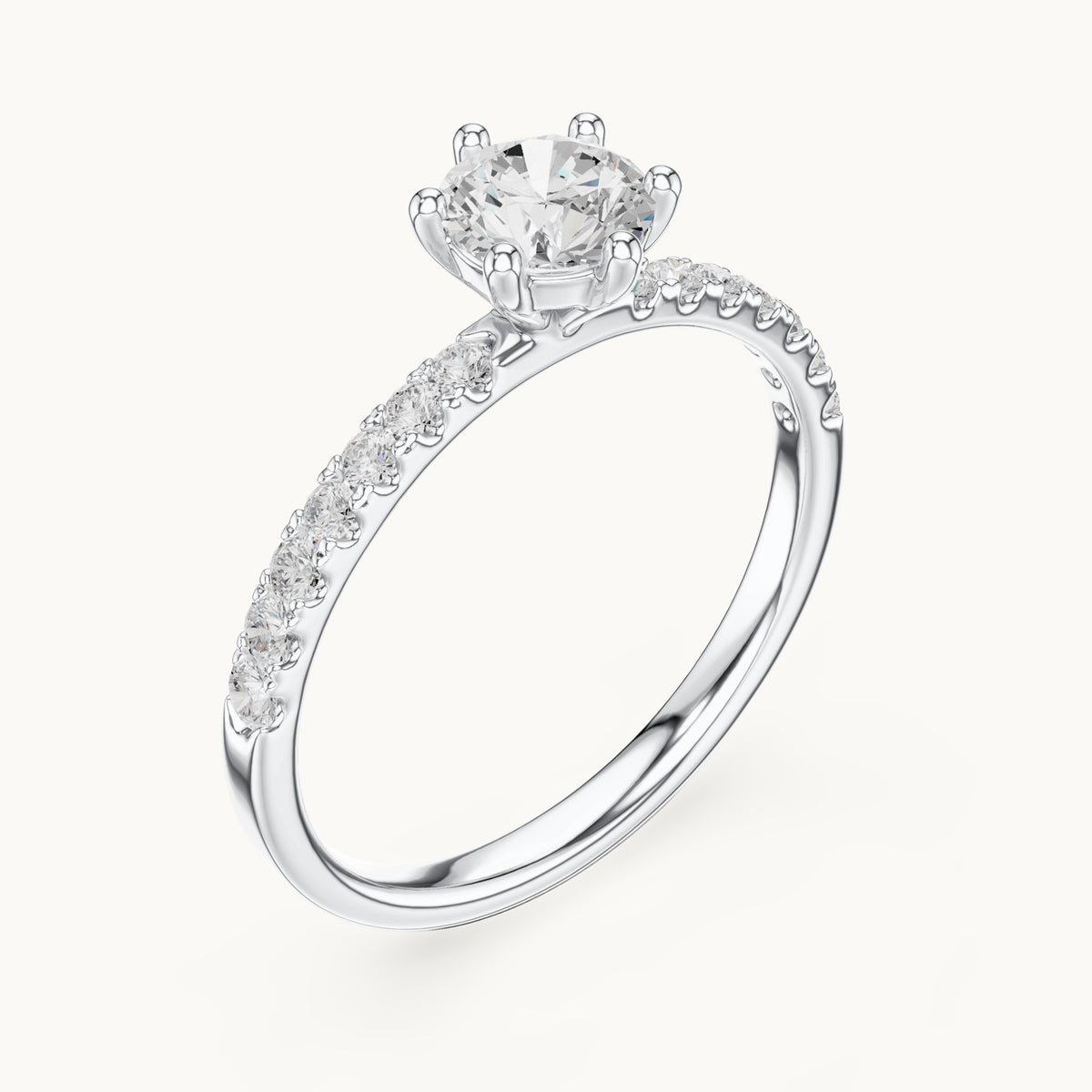 Round lab-grown diamond pavé solitaire engagement ring in white gold, 0.896 CT TW, view 2