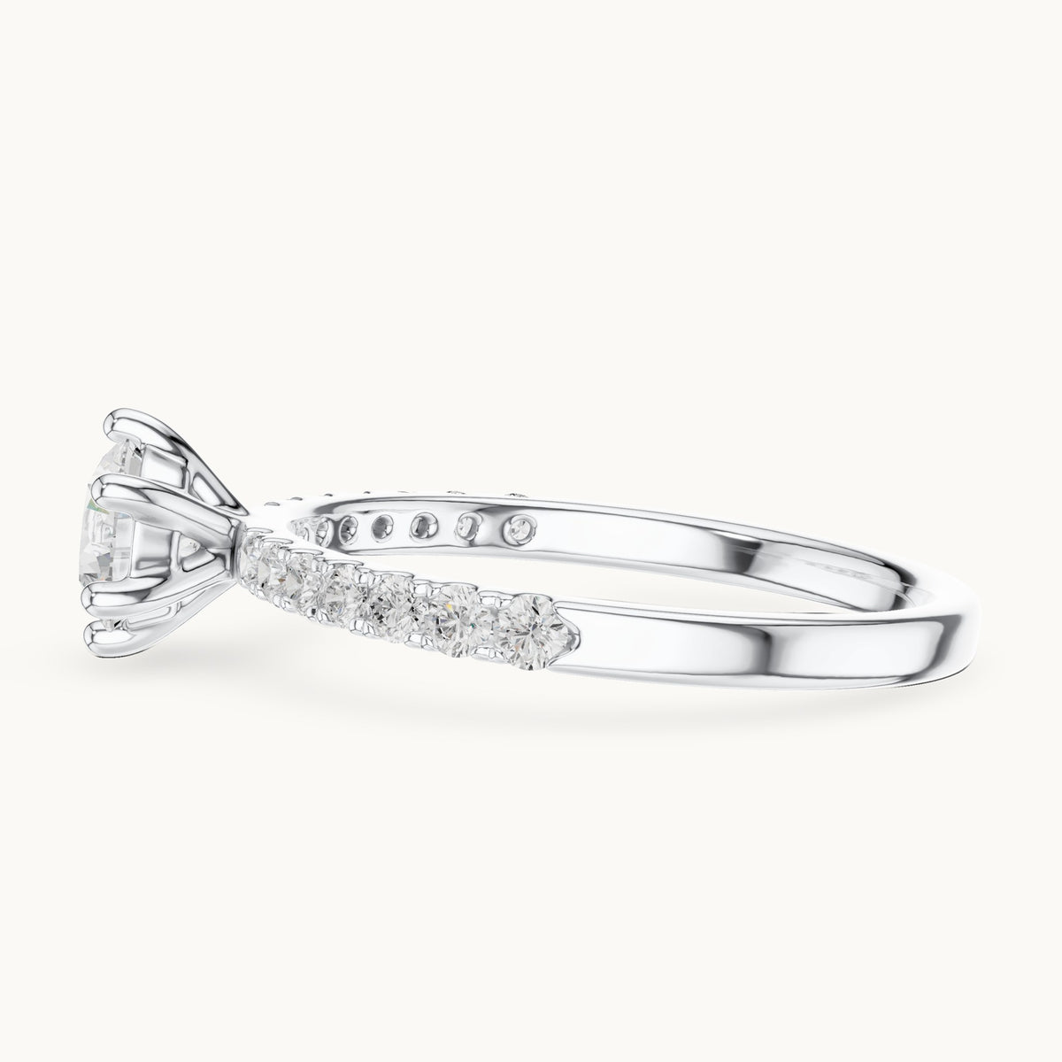 Round lab-grown diamond pavé solitaire engagement ring in white gold, 0.896 CT TW, view 3