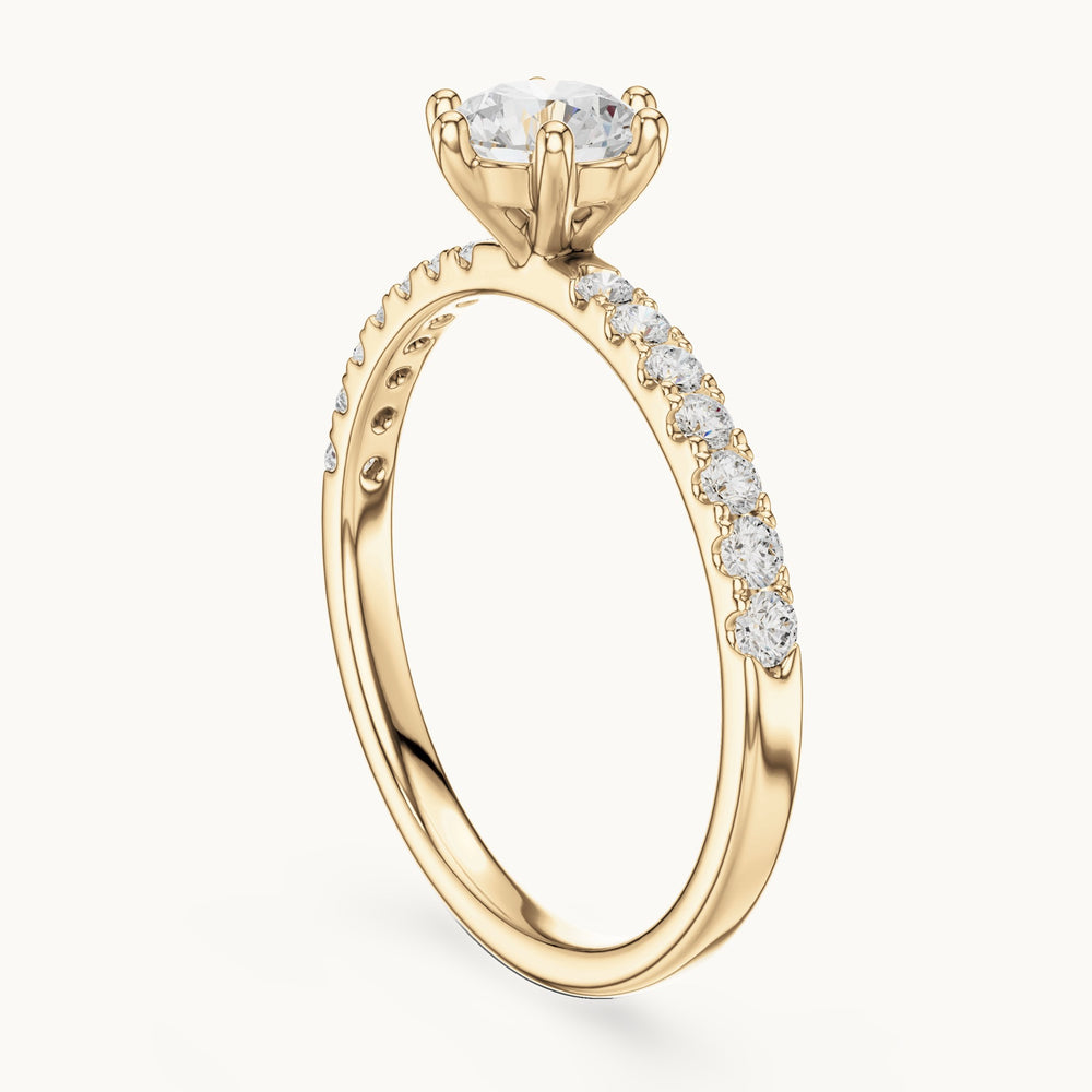 Round lab-grown diamond pavé solitaire engagement ring in yellow gold, 0.896 CT TW, view 1