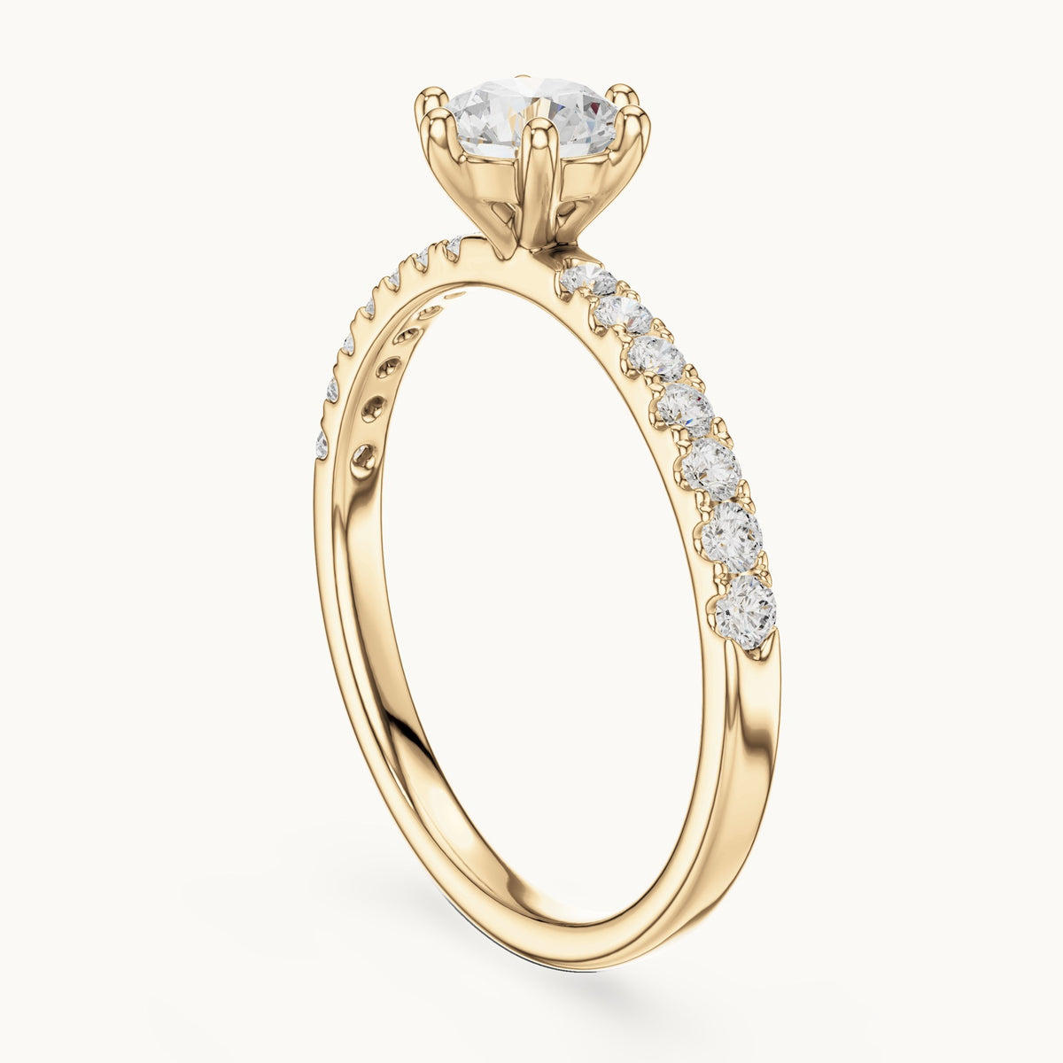 Round lab-grown diamond pavé solitaire engagement ring in yellow gold, 0.896 CT TW, view 1