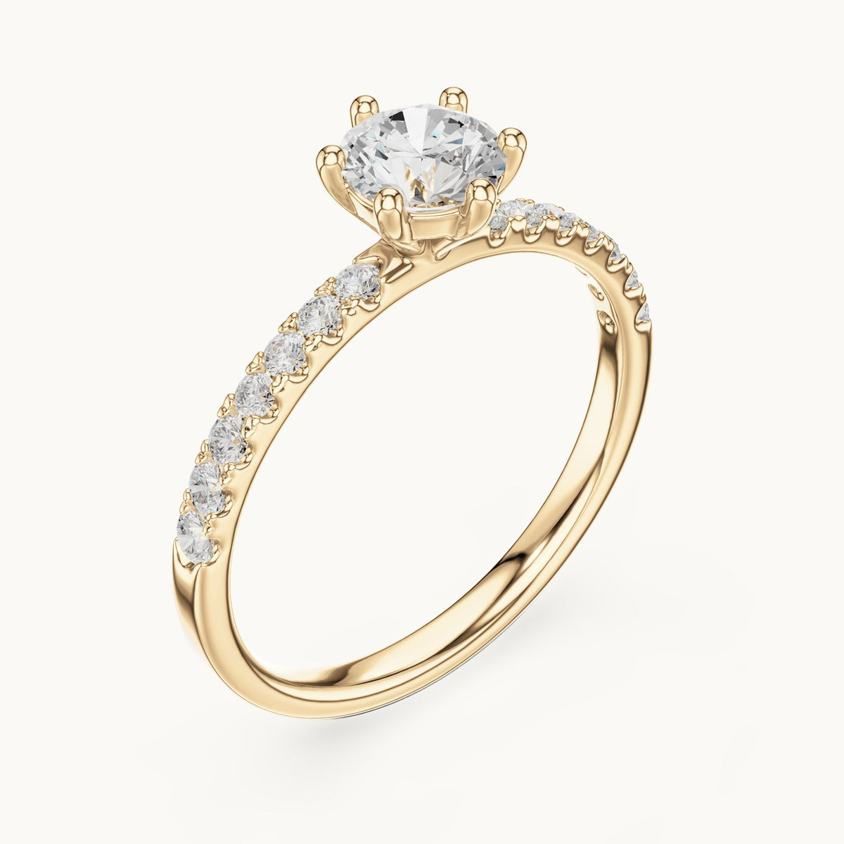 Round lab-grown diamond pavé solitaire engagement ring in yellow gold, 0.896 CT TW, view 2