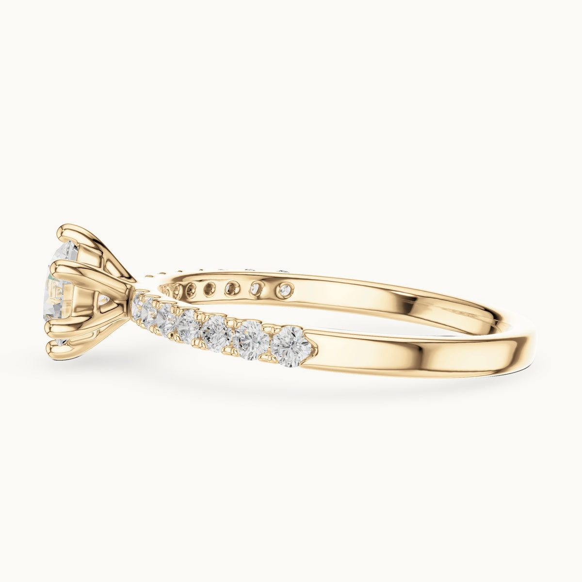 Round lab-grown diamond pavé solitaire engagement ring in yellow gold, 0.896 CT TW, view 3