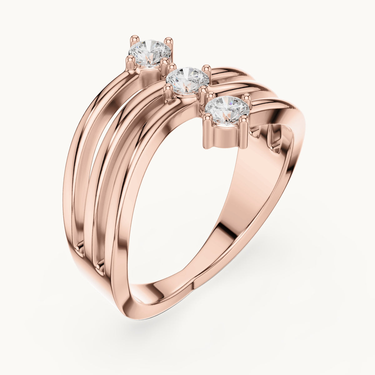 Round lab-grown diamond triple wave band ring in rose gold, 0.33 CT TW, view 2