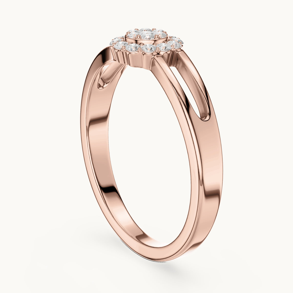 Round lab-grown diamond halo cluster ring in rose gold, 0.186 CT TW, view 1