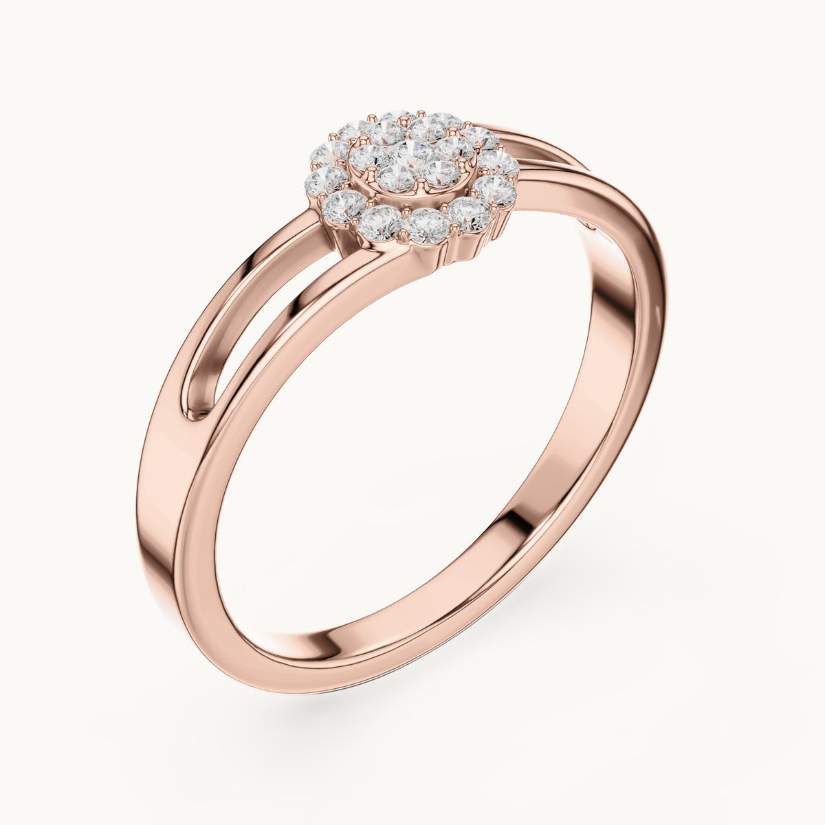 Round lab-grown diamond halo cluster ring in rose gold, 0.186 CT TW, view 2