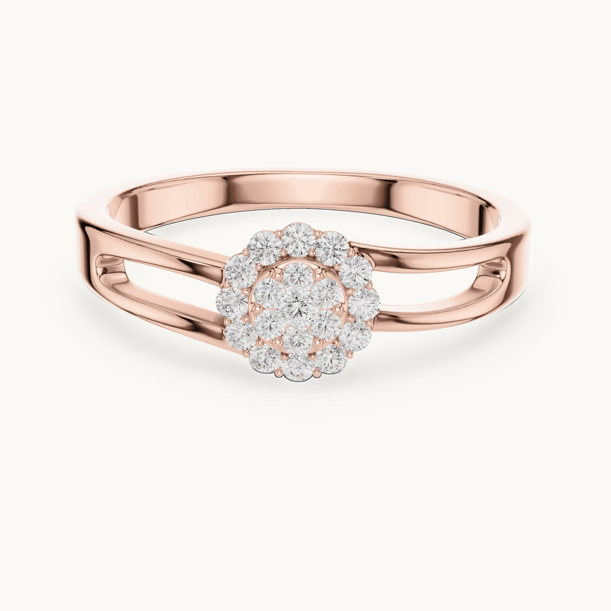 Round lab-grown diamond halo cluster ring in rose gold, 0.186 CT TW, view 4