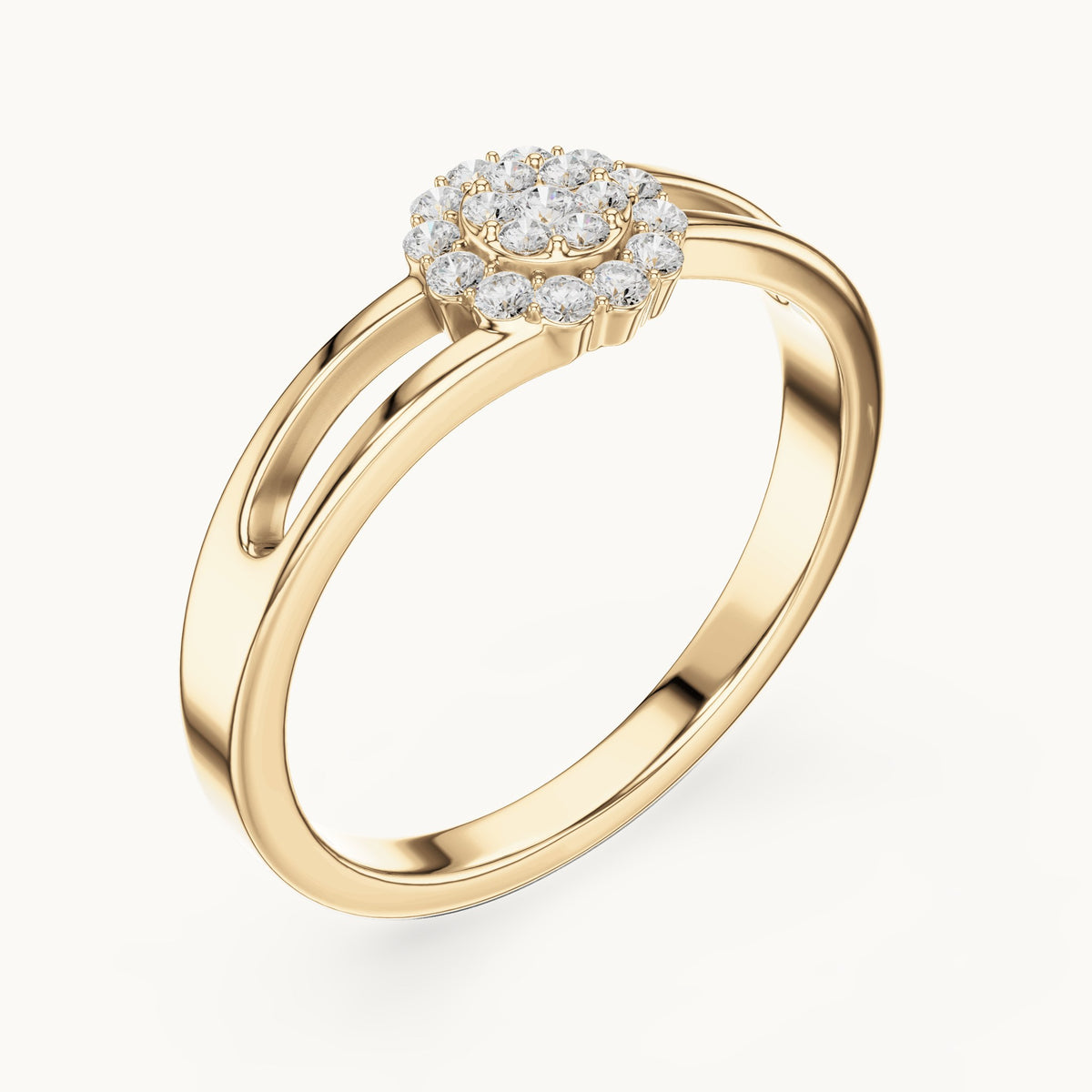 Round lab-grown diamond halo cluster ring in yellow gold, 0.186 CT TW, view 2
