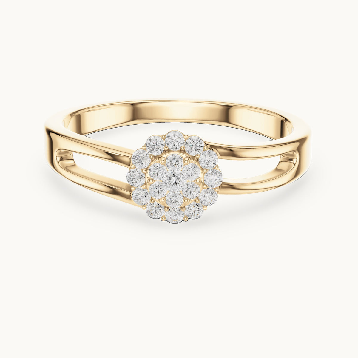 Round lab-grown diamond halo cluster ring in yellow gold, 0.186 CT TW, view 4