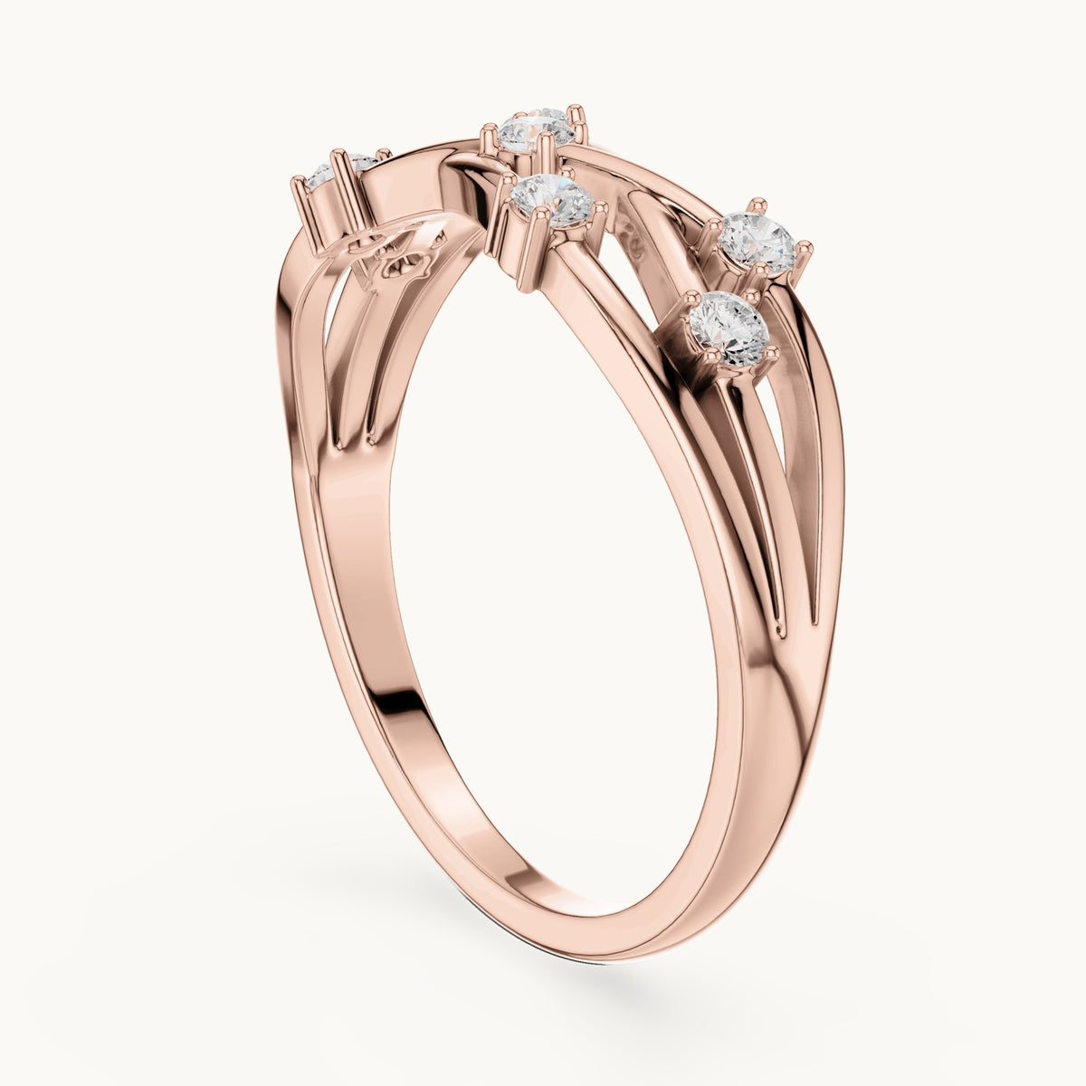 Round lab-grown diamond bezel scatter twist ring in rose gold, 0.175 CT TW, view 1