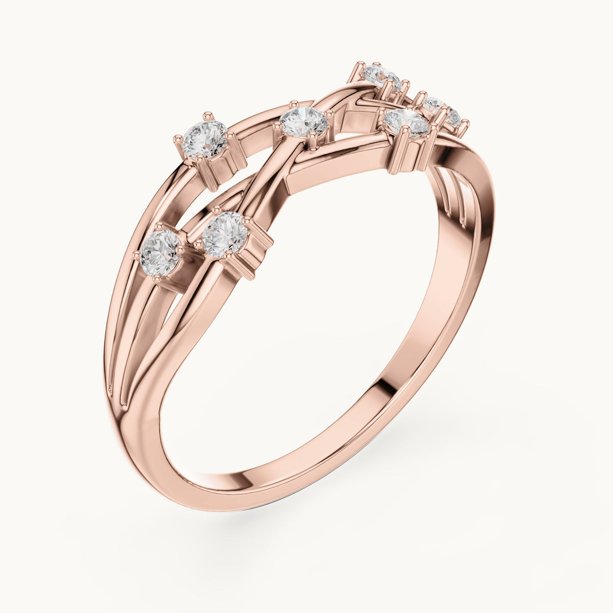 Round lab-grown diamond bezel scatter twist ring in rose gold, 0.175 CT TW, view 2