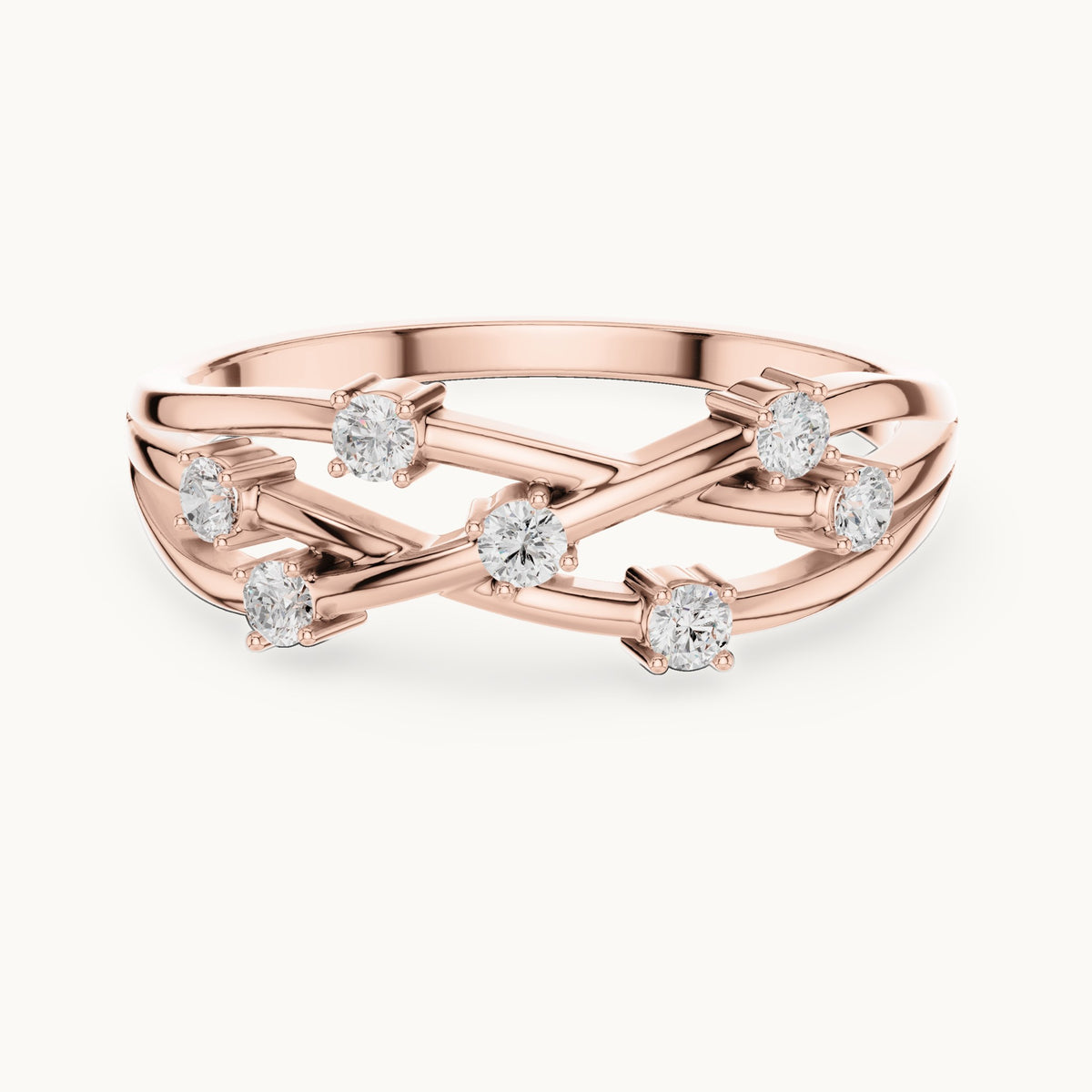 Round lab-grown diamond bezel scatter twist ring in rose gold, 0.175 CT TW, view 4