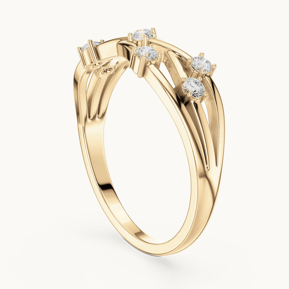 Round lab-grown diamond bezel scatter twist ring in yellow gold, 0.175 CT TW, view 1