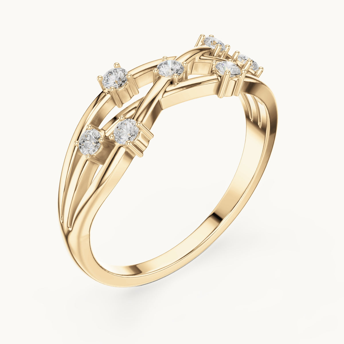 Round lab-grown diamond bezel scatter twist ring in yellow gold, 0.175 CT TW, view 2