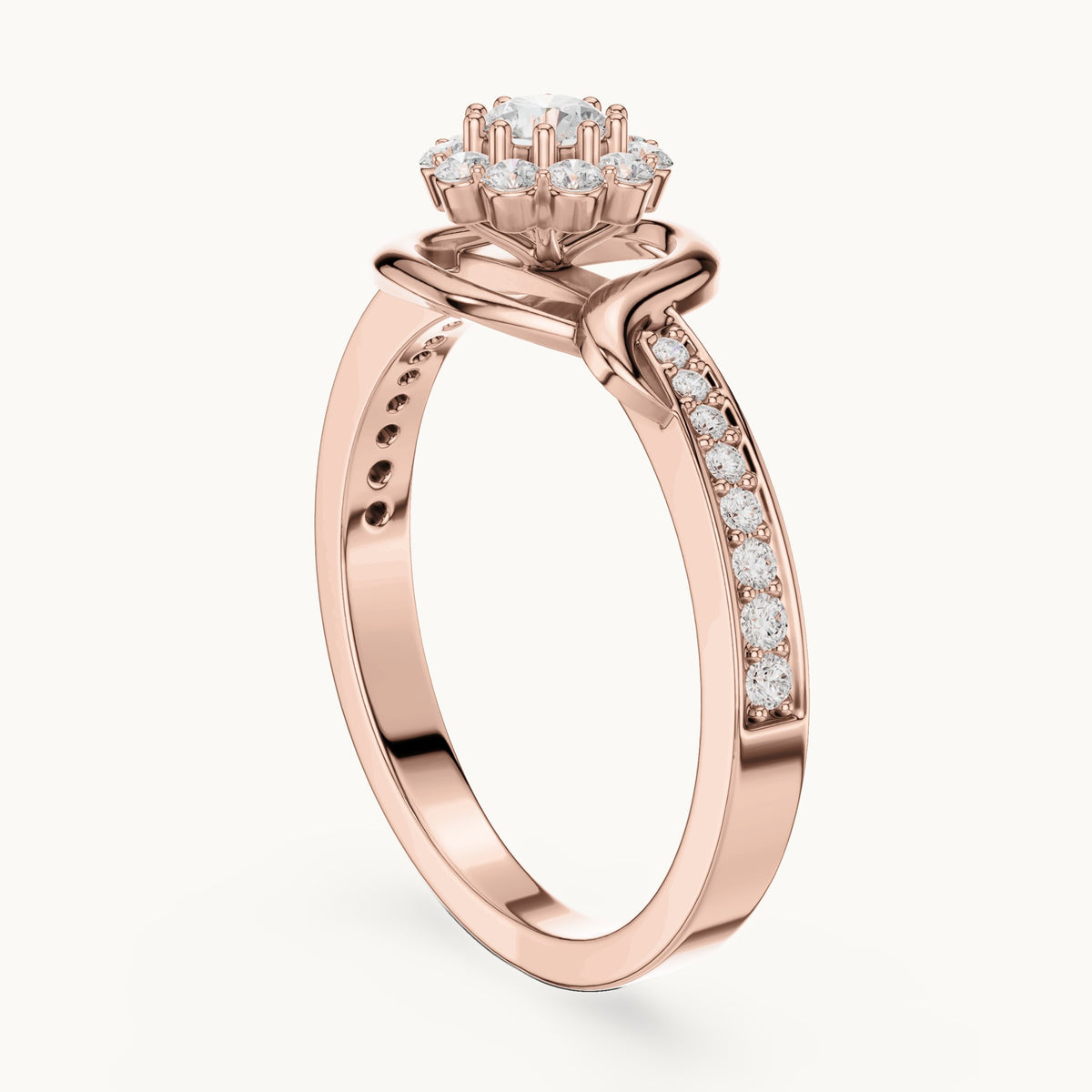 Round lab-grown diamond swirl halo engagement ring in rose gold, 0.441 CT TW, view 1