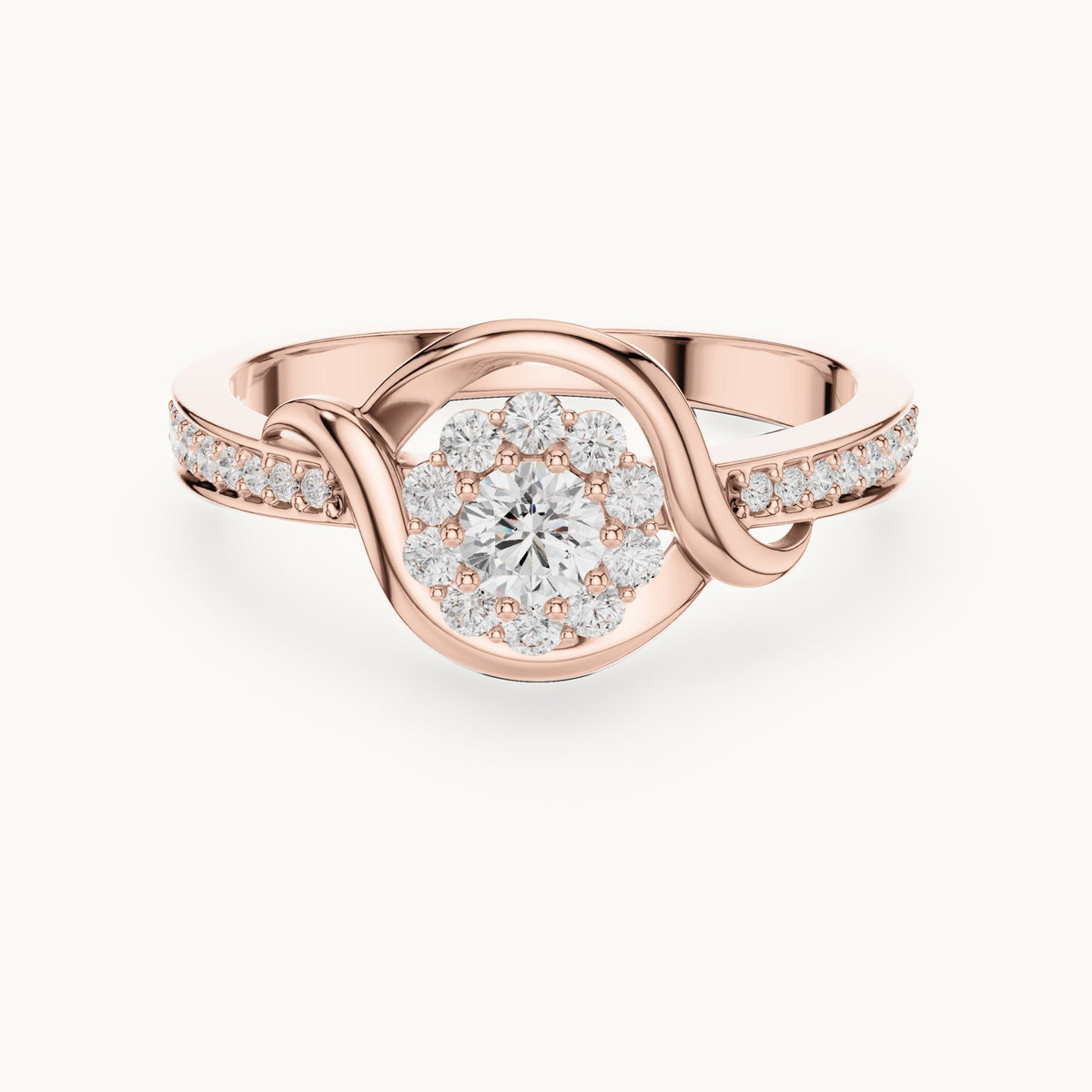 Round lab-grown diamond swirl halo engagement ring in rose gold, 0.441 CT TW, view 4