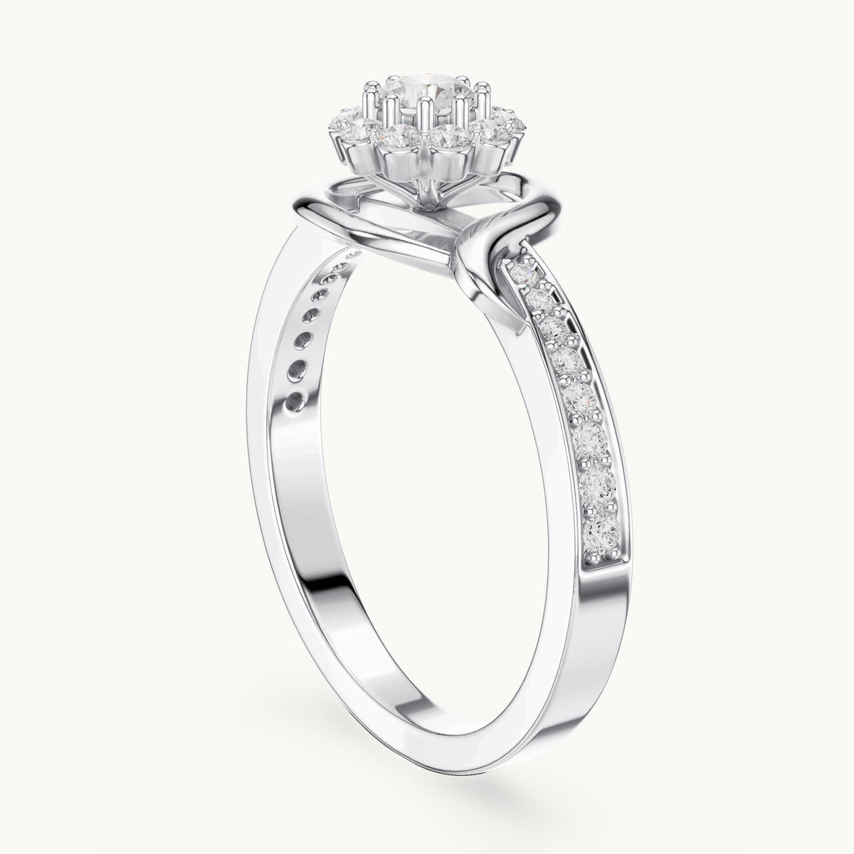 Round lab-grown diamond swirl halo engagement ring in white gold, 0.441 CT TW, view 1
