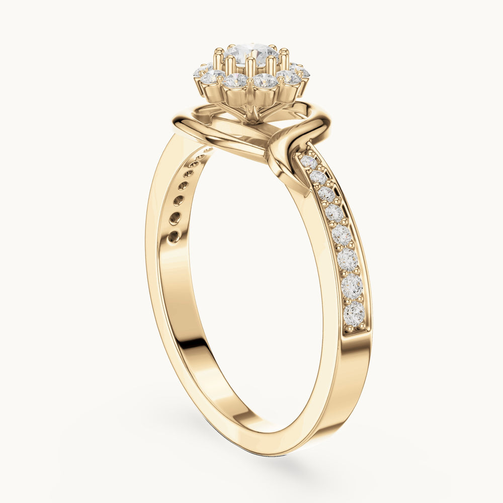 Round lab-grown diamond swirl halo engagement ring in yellow gold, 0.441 CT TW, view 1