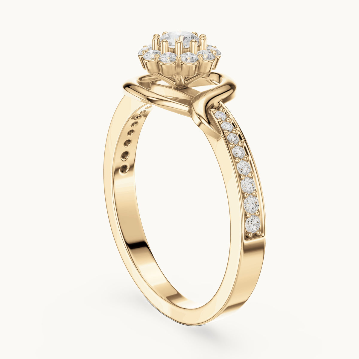 Round lab-grown diamond swirl halo engagement ring in yellow gold, 0.441 CT TW, view 1
