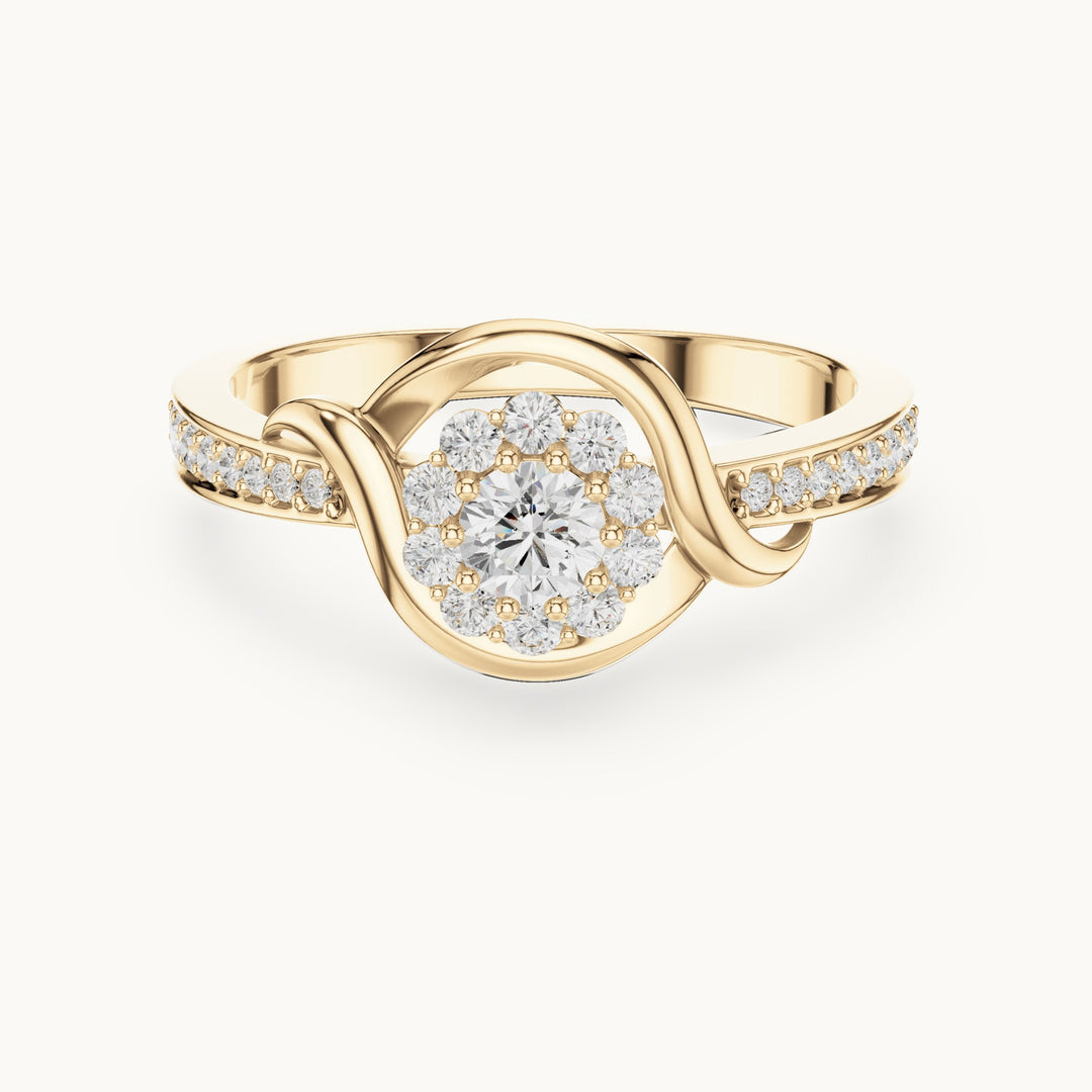 Round lab-grown diamond swirl halo engagement ring in yellow gold, 0.441 CT TW, view 4