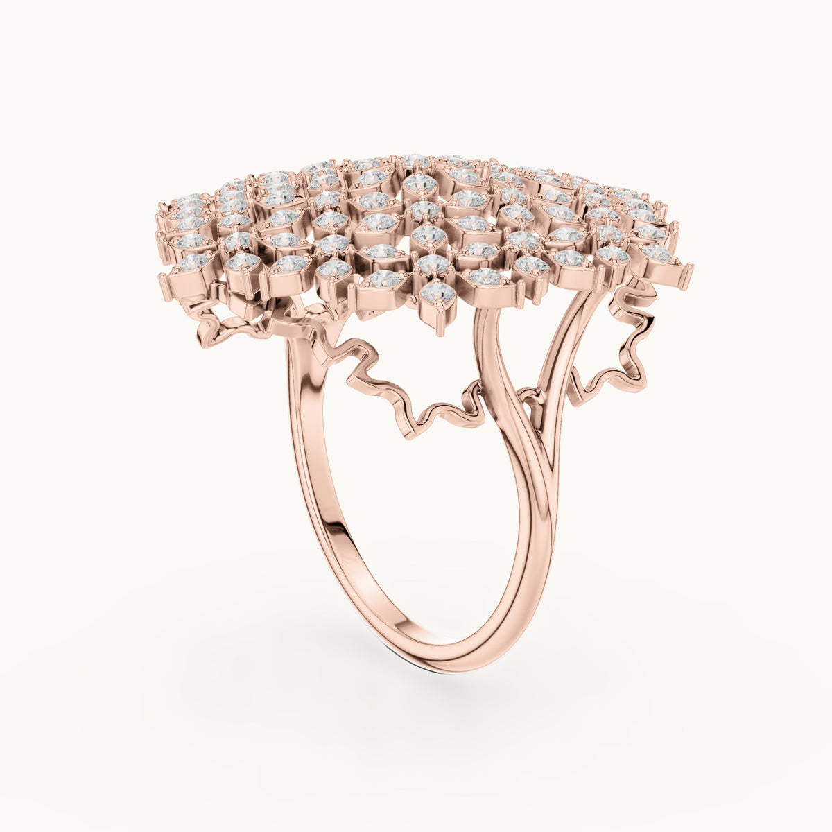 Round lab-grown diamond snowflake cluster cocktail ring in rose gold, 0.91 CT TW, view 1