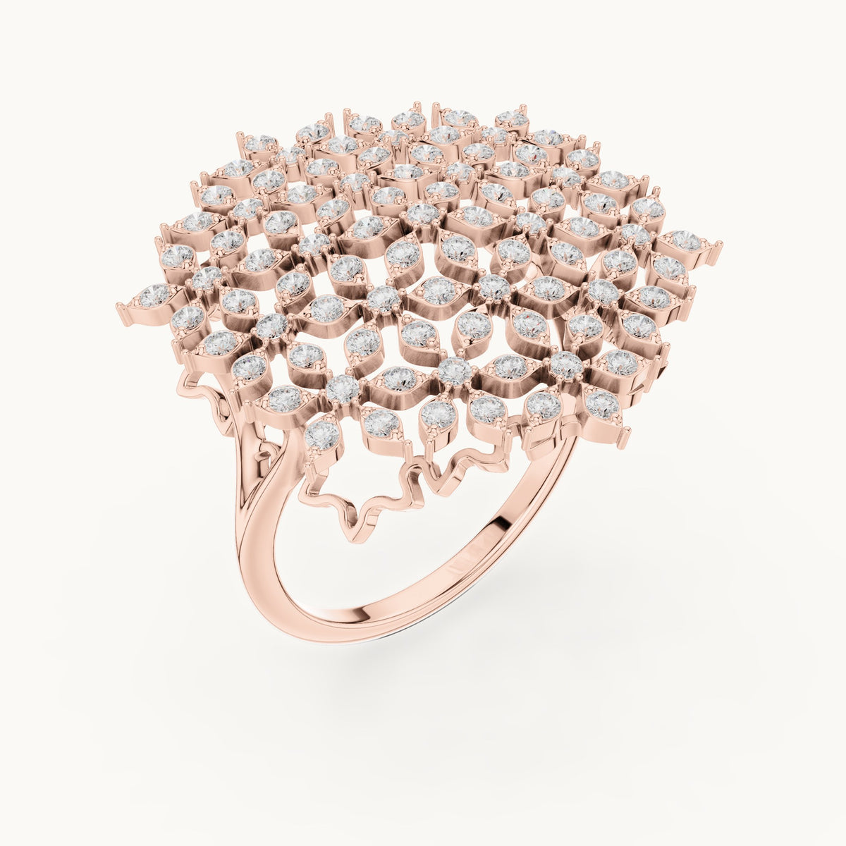 Round lab-grown diamond snowflake cluster cocktail ring in rose gold, 0.91 CT TW, view 2