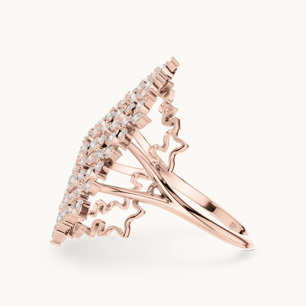 Round lab-grown diamond snowflake cluster cocktail ring in rose gold, 0.91 CT TW, view 3