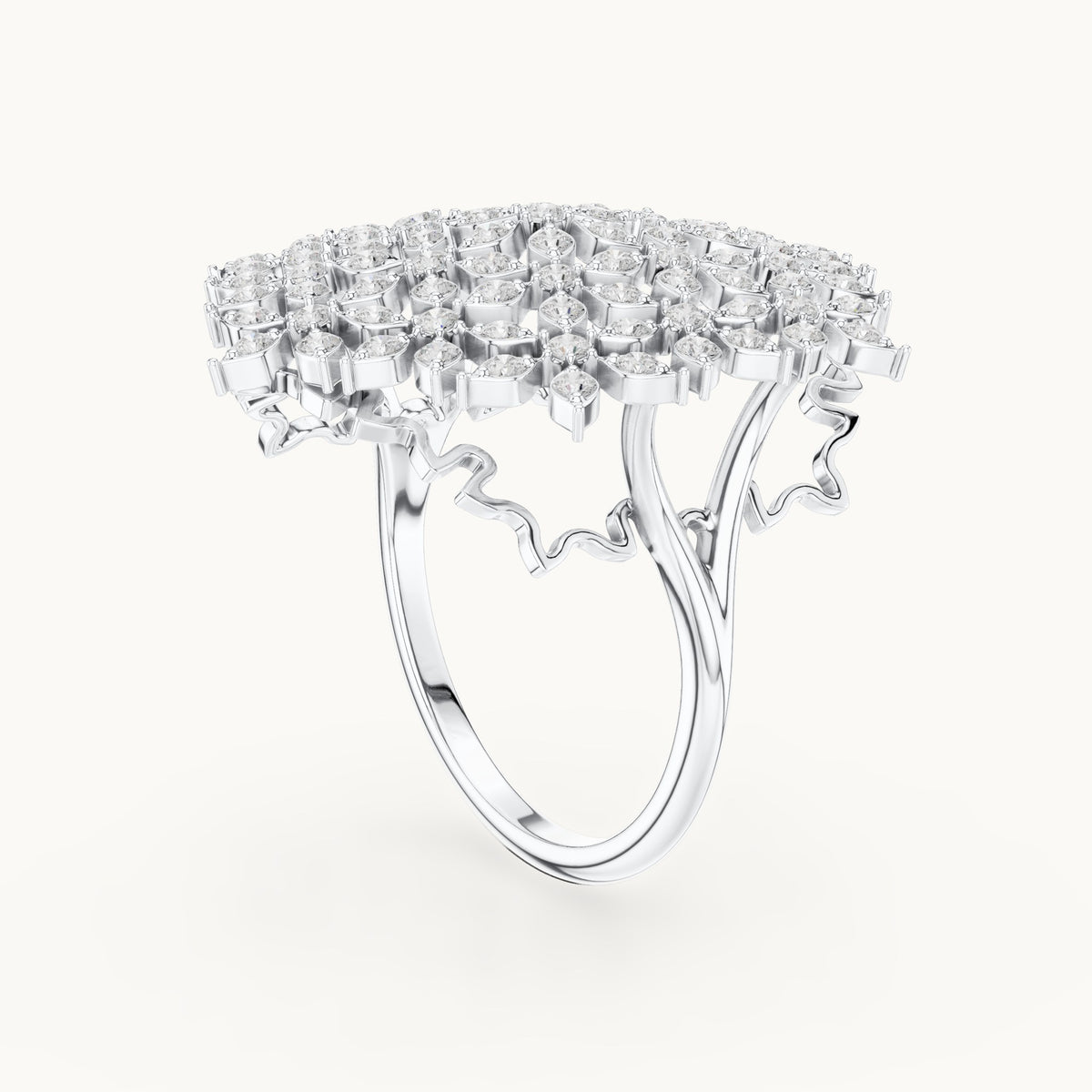 Round lab-grown diamond snowflake cluster cocktail ring in white gold, 0.91 CT TW, view 1