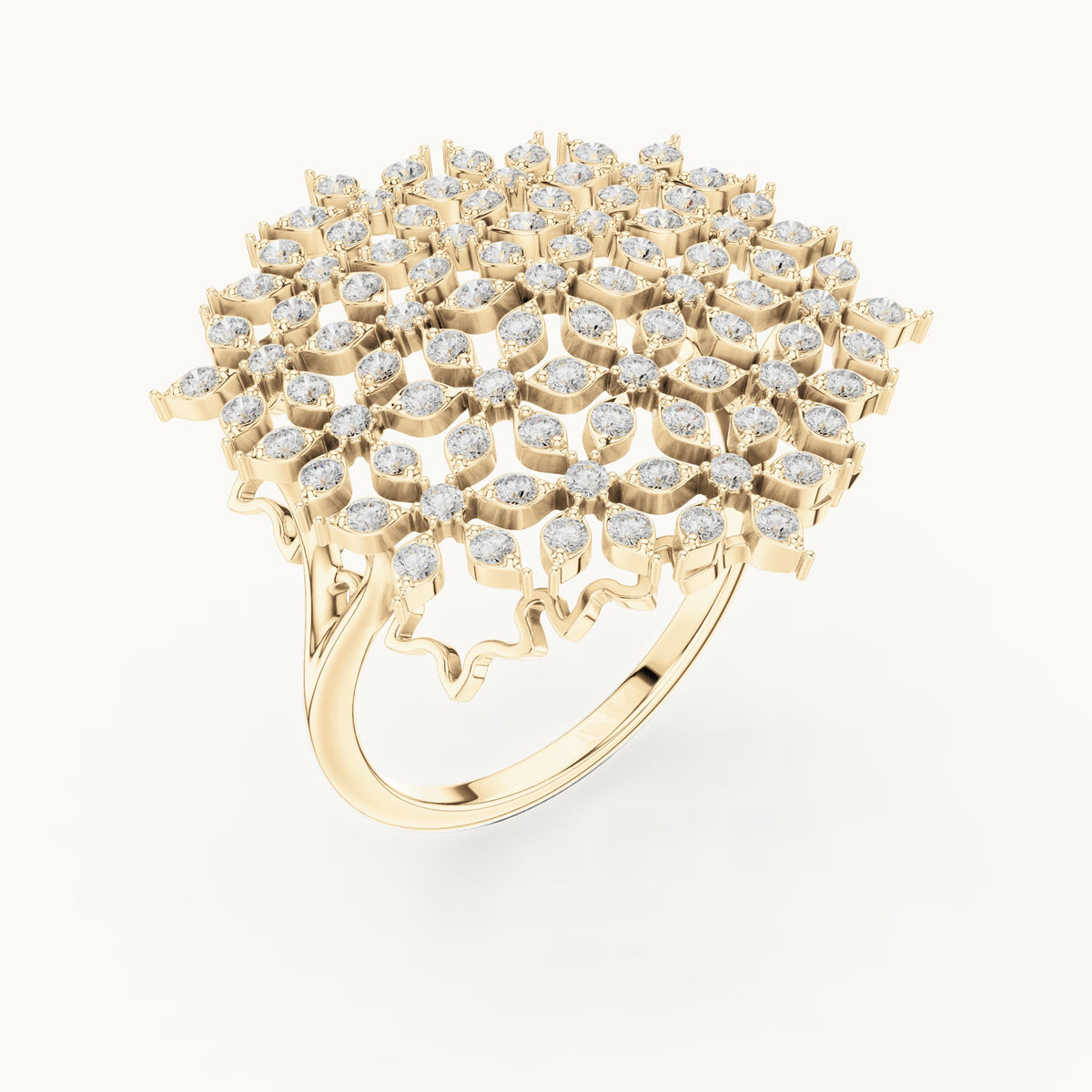 Round lab-grown diamond snowflake cluster cocktail ring in yellow gold, 0.91 CT TW, view 2