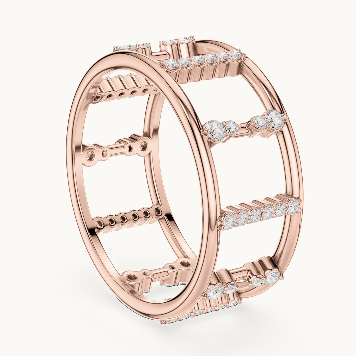 Round lab-grown diamond wide cage band ring in rose gold, 0.36 CT TW, view 1