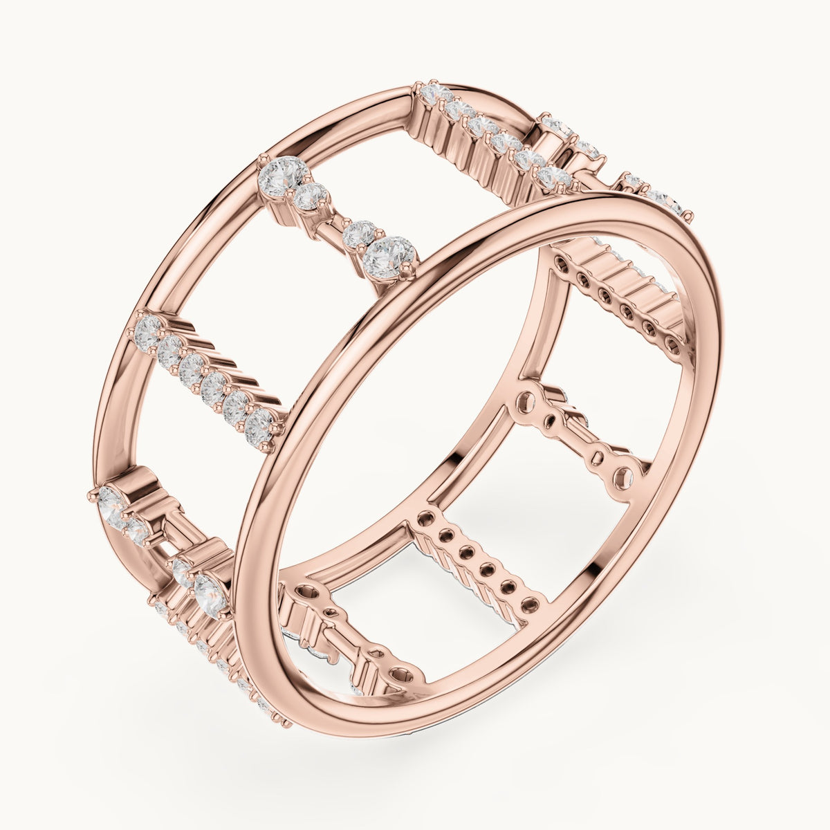 Round lab-grown diamond wide cage band ring in rose gold, 0.36 CT TW, view 2