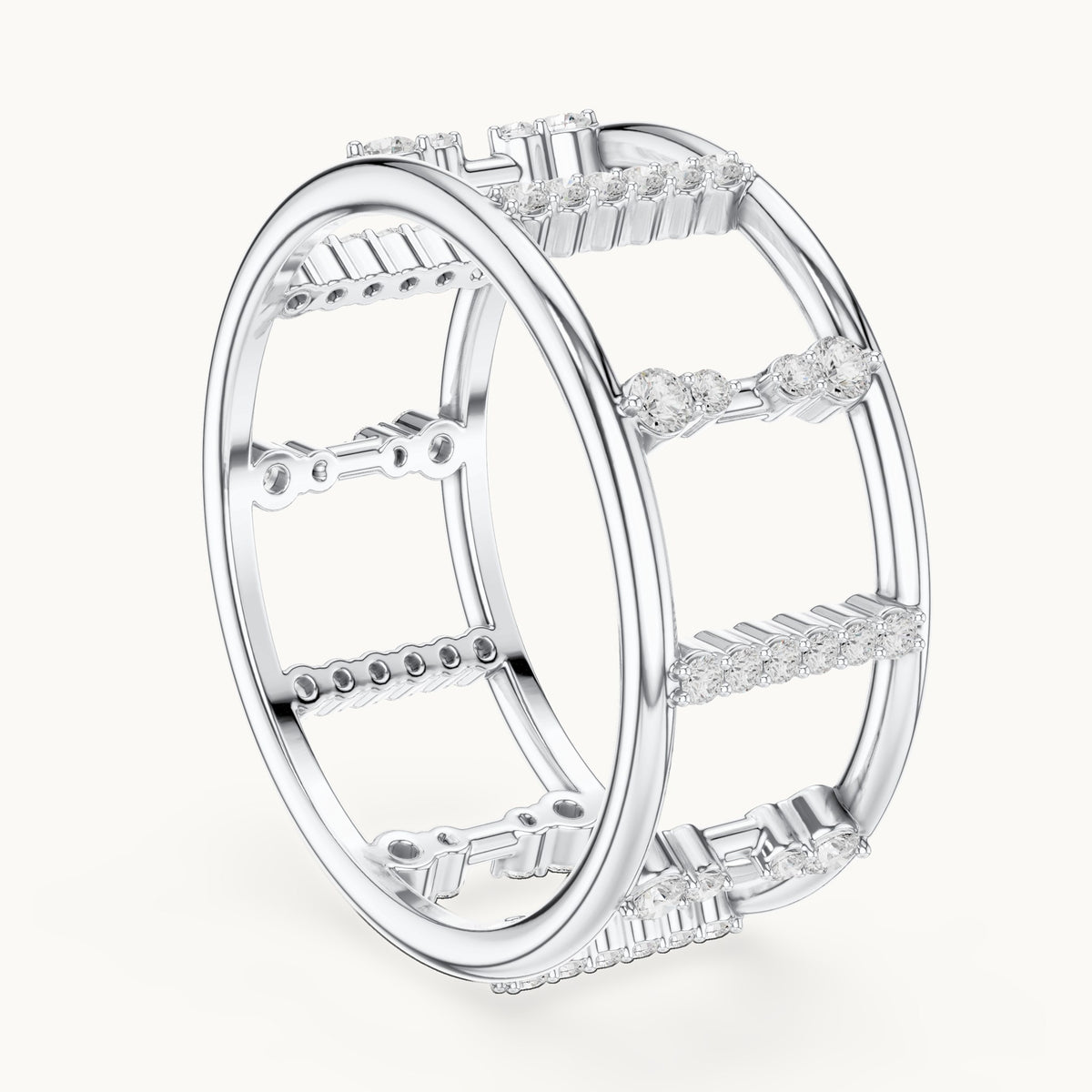 Round lab-grown diamond wide cage band ring in white gold, 0.36 CT TW, view 1
