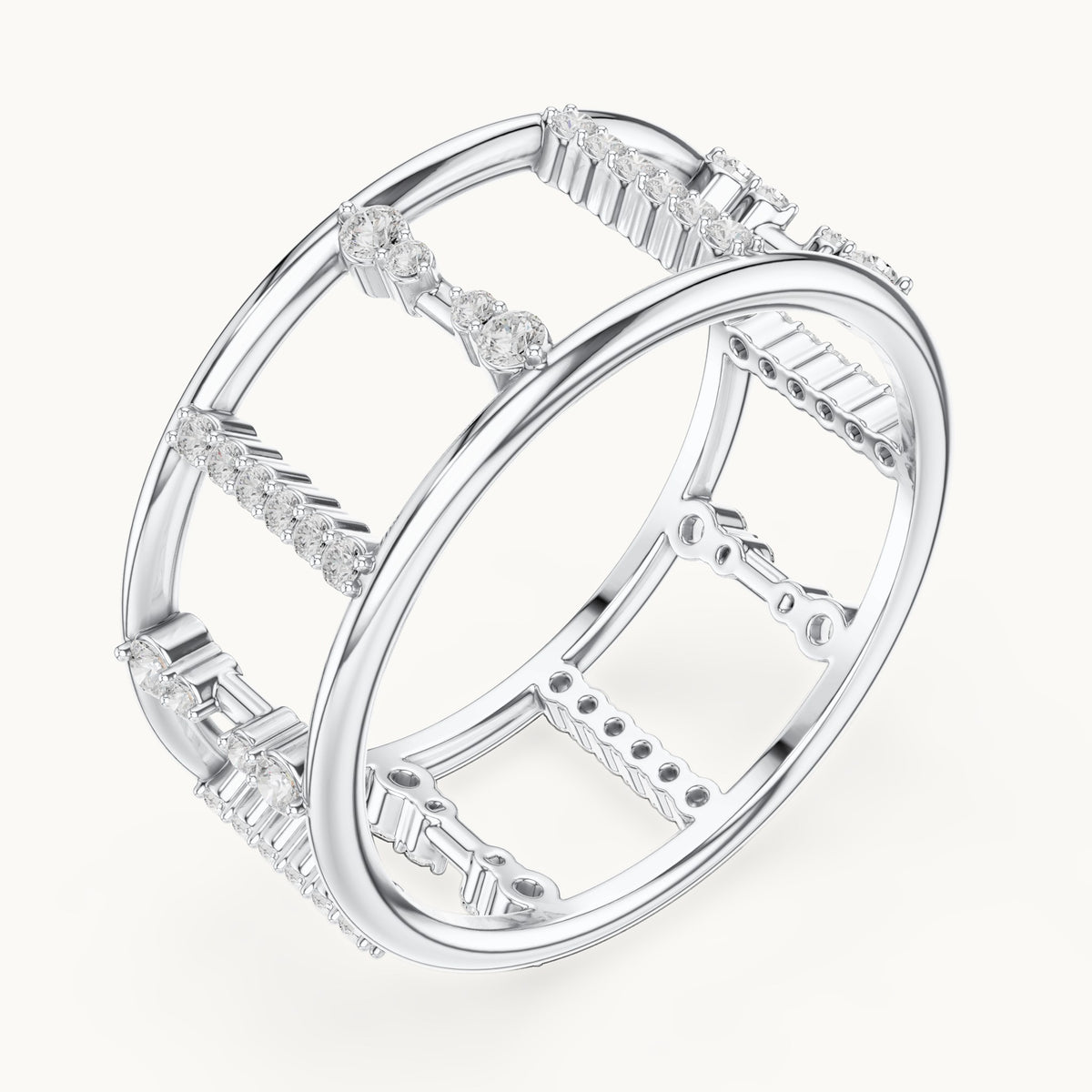 Round lab-grown diamond wide cage band ring in white gold, 0.36 CT TW, view 2