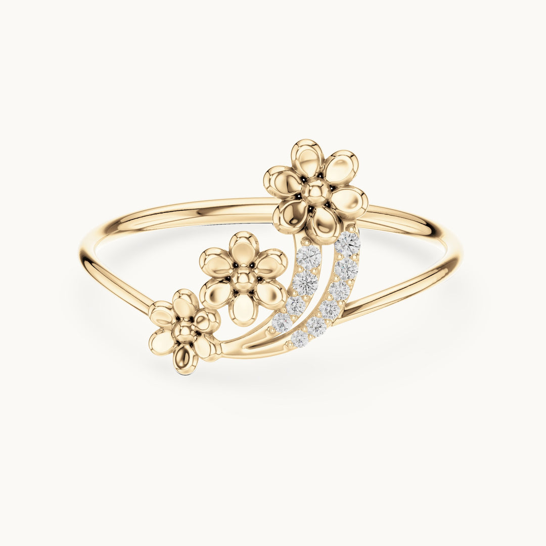 Round lab-grown diamond floral spray ring in yellow gold, 0.035 CT TW, view 4