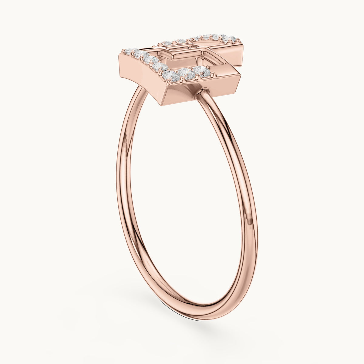 Round lab-grown diamond interlocking squares ring in rose gold, 0.076 CT TW, view 1