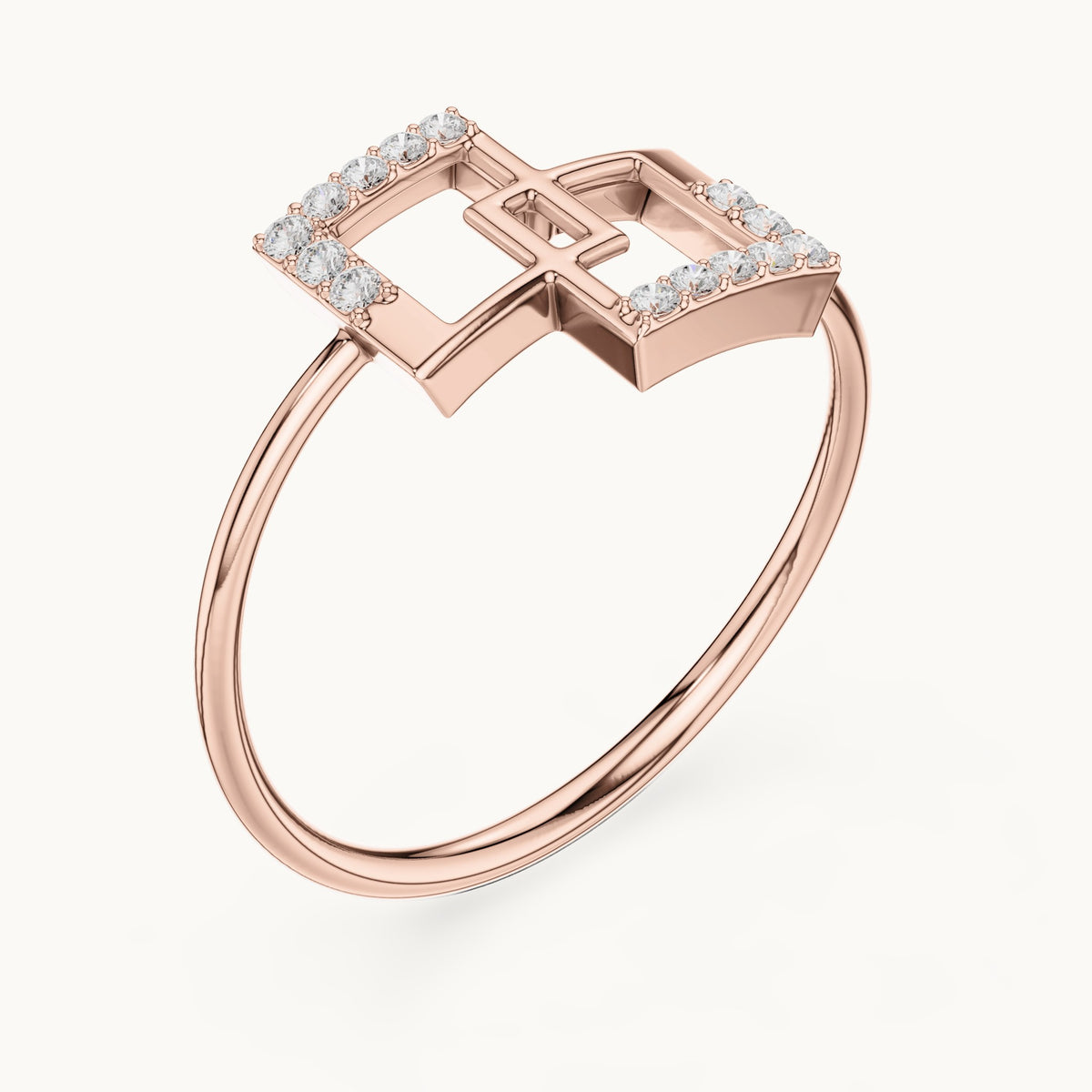 Round lab-grown diamond interlocking squares ring in rose gold, 0.076 CT TW, view 2