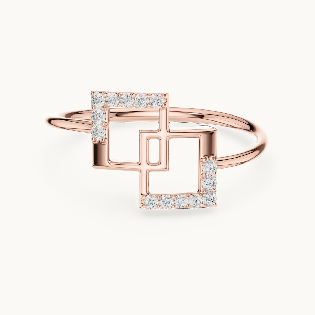Round lab-grown diamond interlocking squares ring in rose gold, 0.076 CT TW, view 4