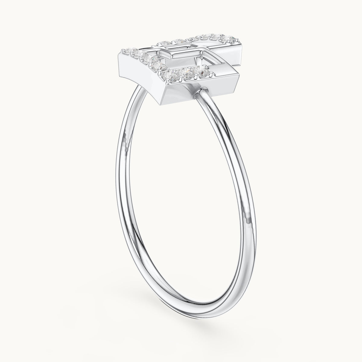 Round lab-grown diamond interlocking squares ring in white gold, 0.076 CT TW, view 1