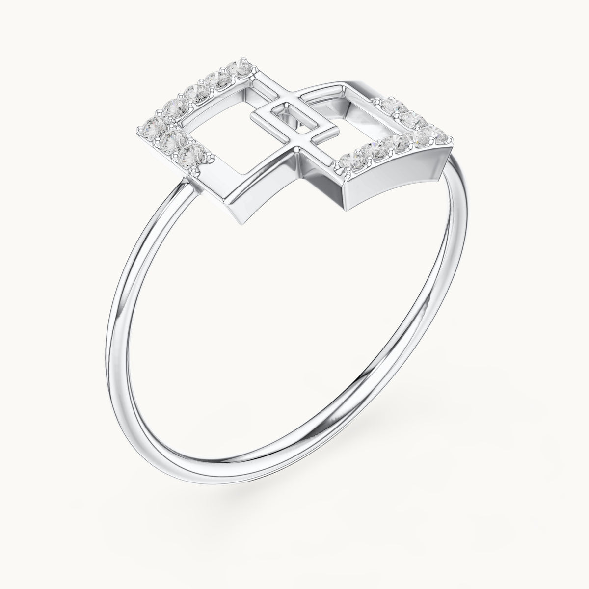 Round lab-grown diamond interlocking squares ring in white gold, 0.076 CT TW, view 2