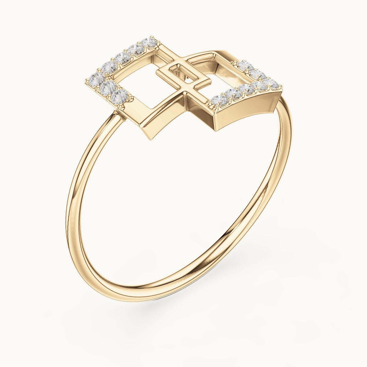 Round lab-grown diamond interlocking squares ring in yellow gold, 0.076 CT TW, view 2
