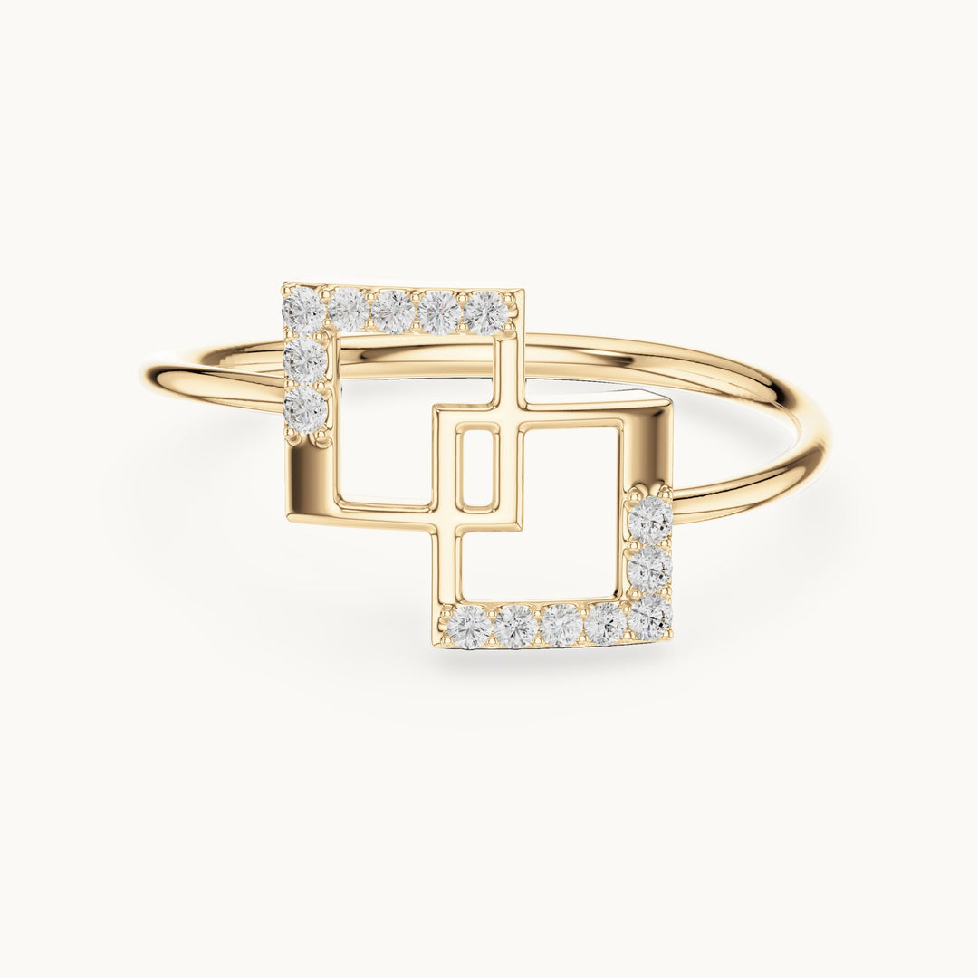 Round lab-grown diamond interlocking squares ring in yellow gold, 0.076 CT TW, view 4