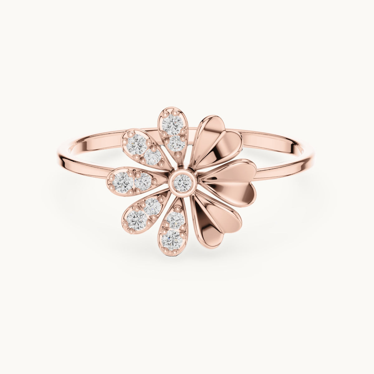 Round lab-grown diamond flower ring in rose gold, 0.088 CT TW, view 4